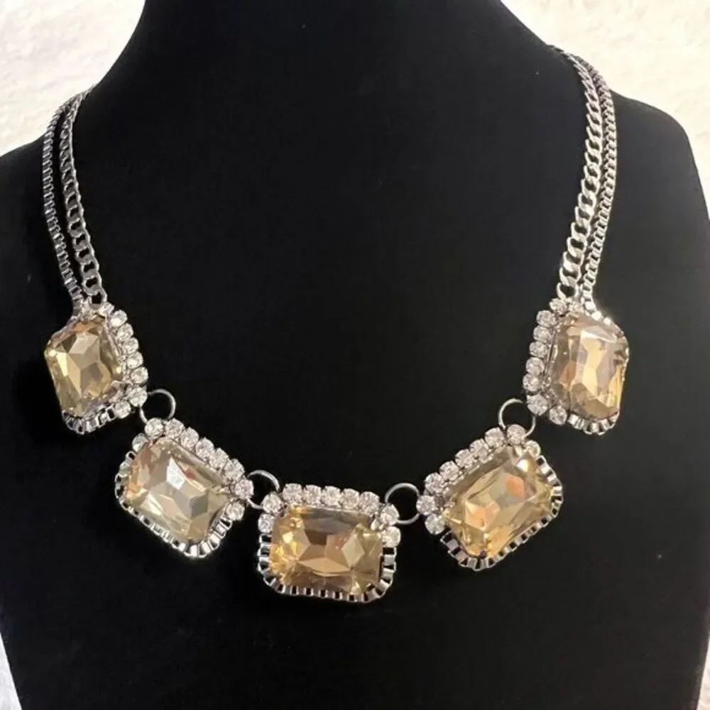 FAUX CITRINE RHINESTONE GLASS SILVER TONE CHOKER DOUBLE CHAIN NECKLACE 16.5